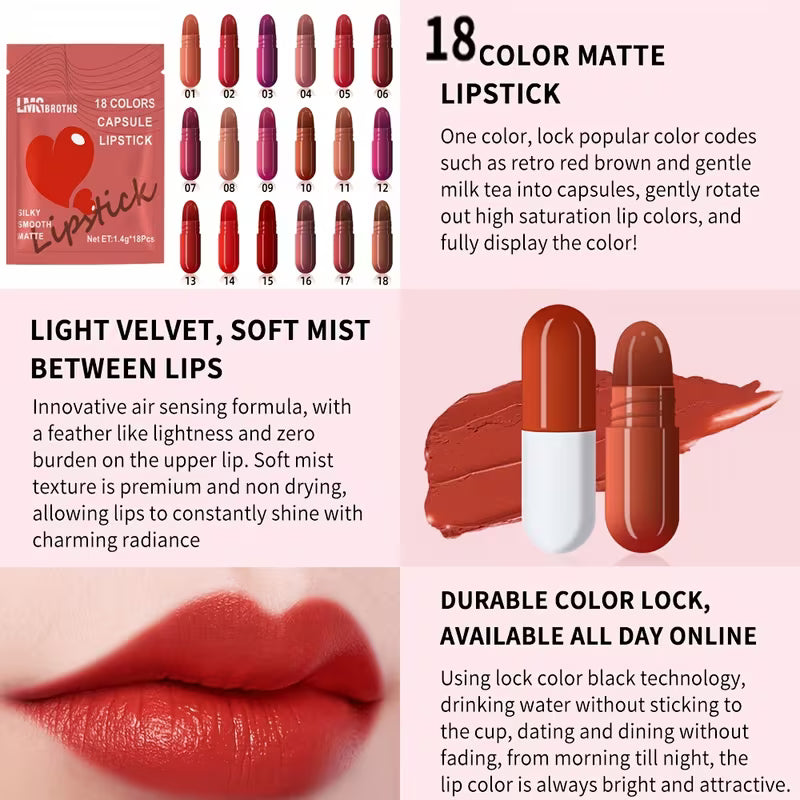 LMG BROTHS 18-Color Capsule Lipstick Set – Silky Smooth Matte Finish Mini Lipstick Pods (Travel Size & Portable)