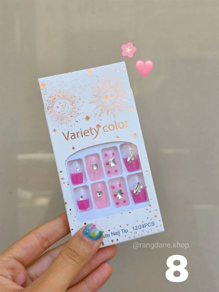 Celestial Aura Press-On Nail Kit – Variety Color 3D Rhinestone & Heart Design 1box*12pcs