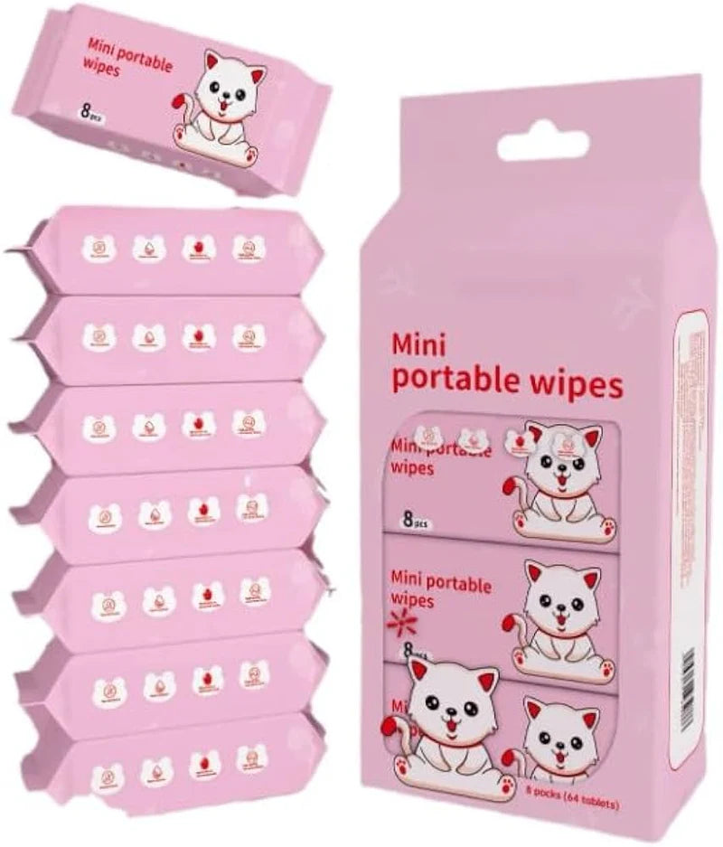 QIANHUI Cute Cartoon Mini Portable Wet Wipes – 1*8pcs(64sheets) Pack Value Set