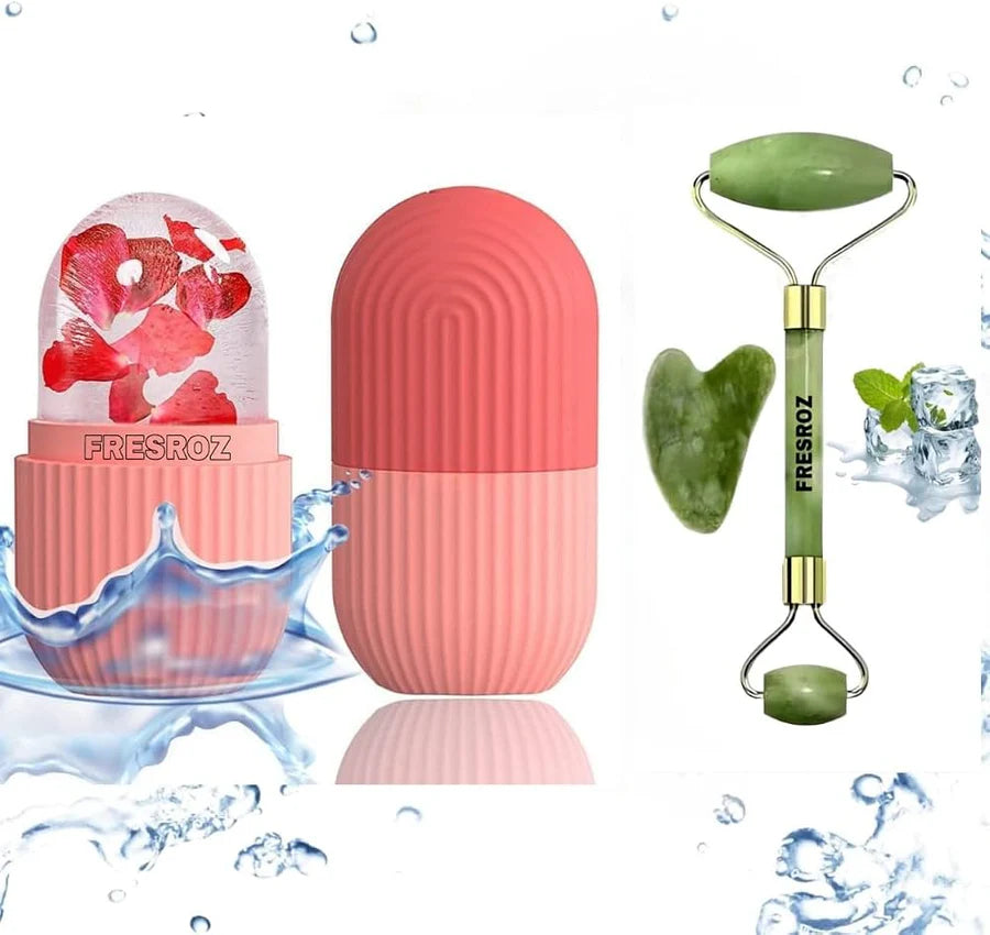 Face Stone Jade Roller Massager with Gua Sha Stone And Ice Roller Multicolour Set Facial Roller 100% Natural Stone Jade Roller For Skin Eye Neck Body Ice Cube