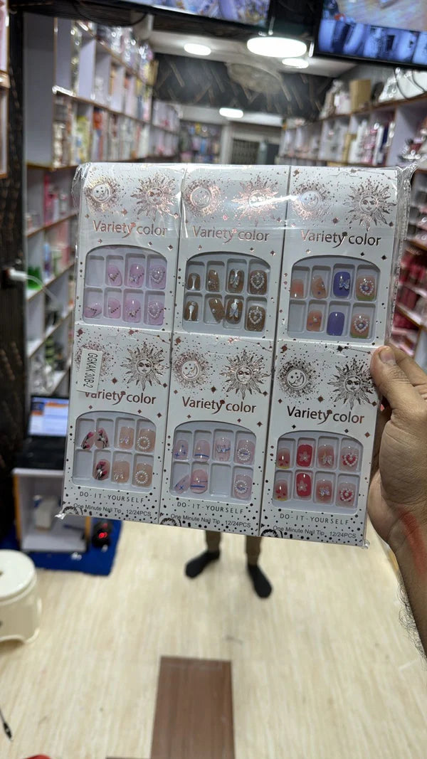 Celestial Aura Press-On Nail Kit – Variety Color 3D Rhinestone & Heart Design 1box*12pcs