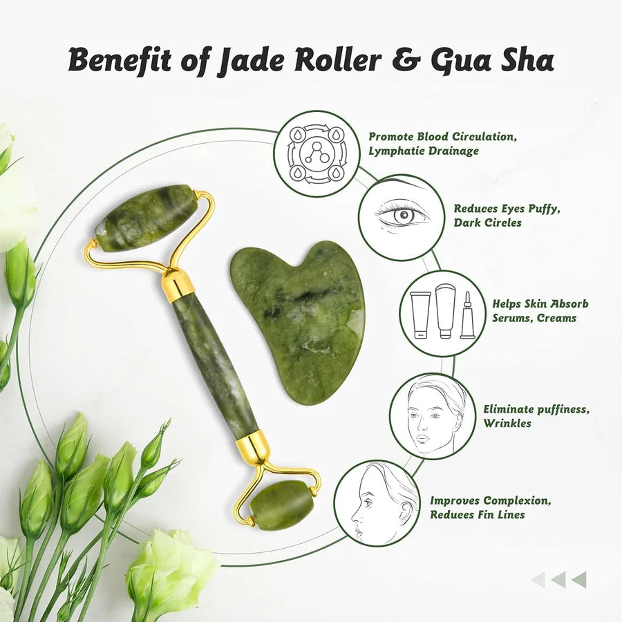 Face Stone Jade Roller Massager with Gua Sha Stone And Ice Roller Multicolour Set Facial Roller 100% Natural Stone Jade Roller For Skin Eye Neck Body Ice Cube