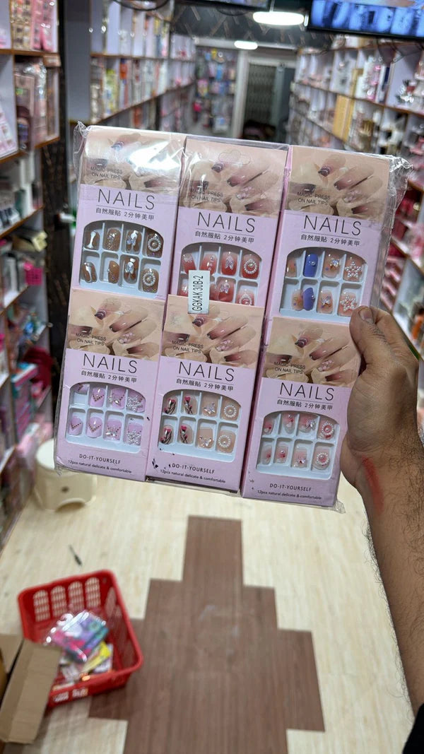 New DIY Press-On Nail Art Kit - Assorted 3D Designs & Patterns 1box*12pcs