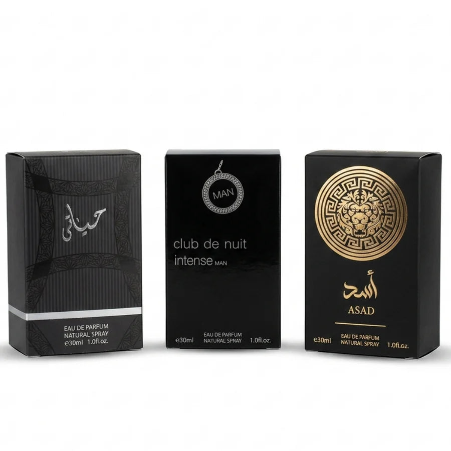 Premium Perfume Collection – Pack of 3 (Club de Nuit Intense Man, Asad Black Gold & Hayati Black) – 30ml Each