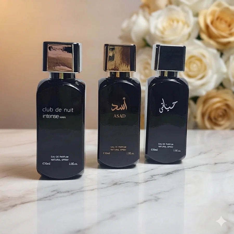 Premium Perfume Collection – Pack of 3 (Club de Nuit Intense Man, Asad Black Gold & Hayati Black) – 30ml Each