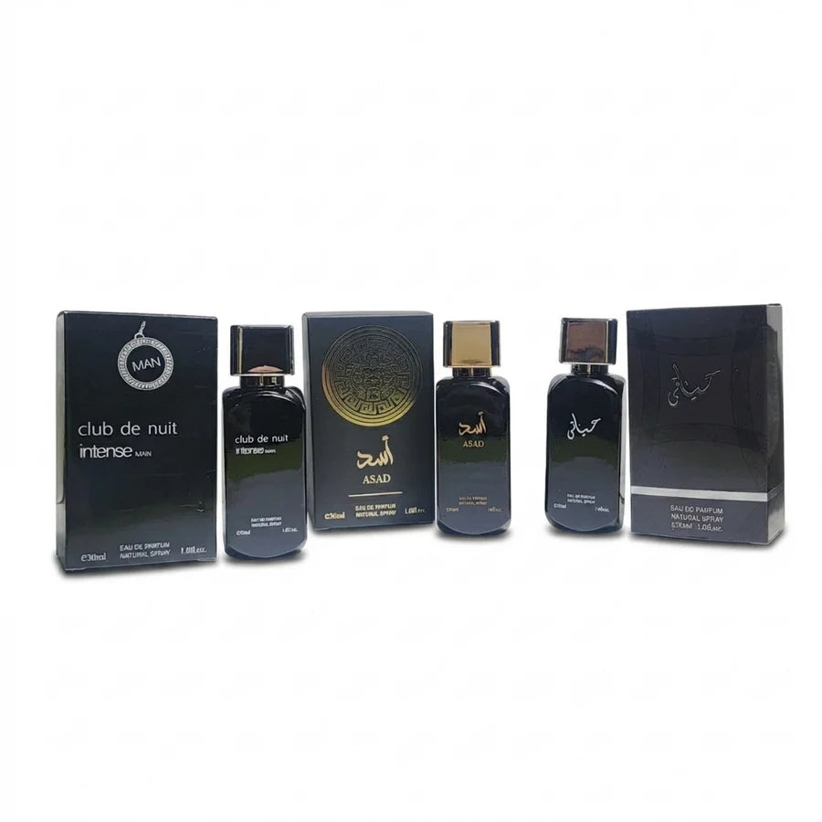 Premium Perfume Collection – Pack of 3 (Club de Nuit Intense Man, Asad Black Gold & Hayati Black) – 30ml Each