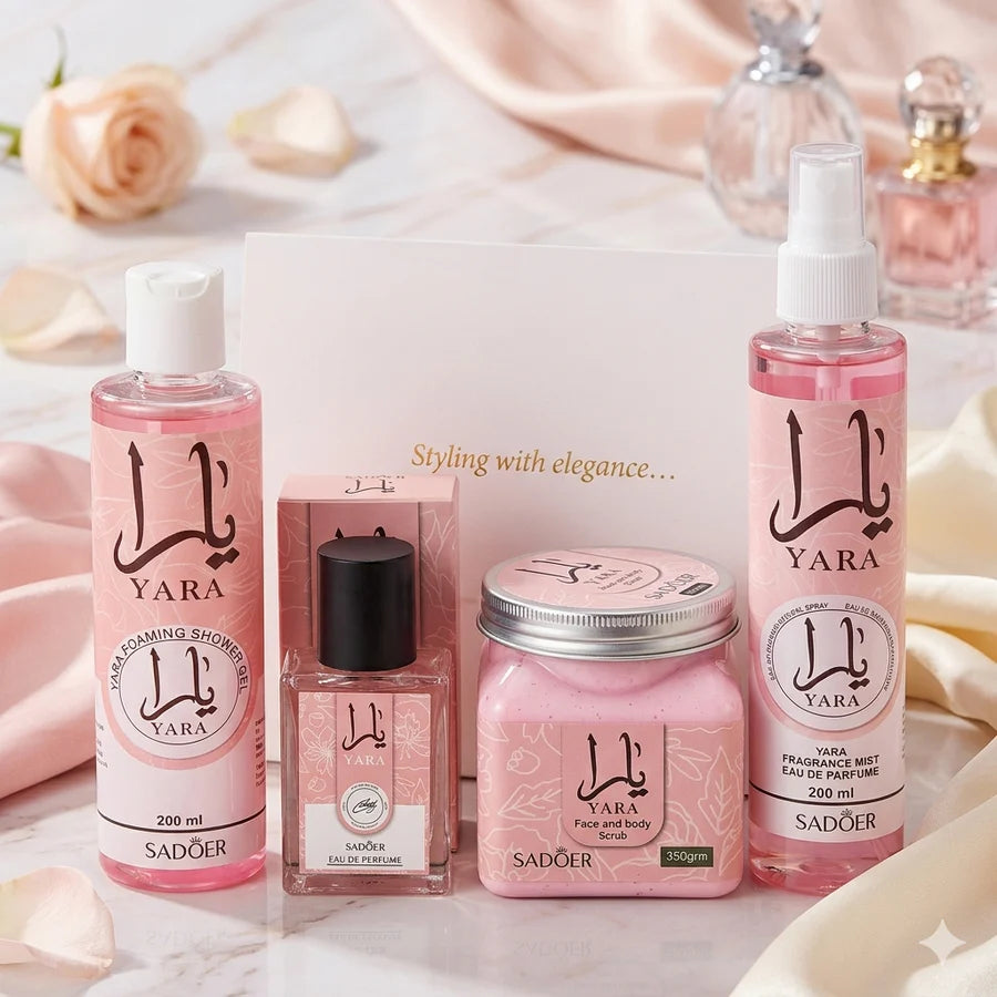 Yara Pack of 04 Luxury Body Care & Fragrance Set – Shower Gel, Perfume, Body Scrub & Mist