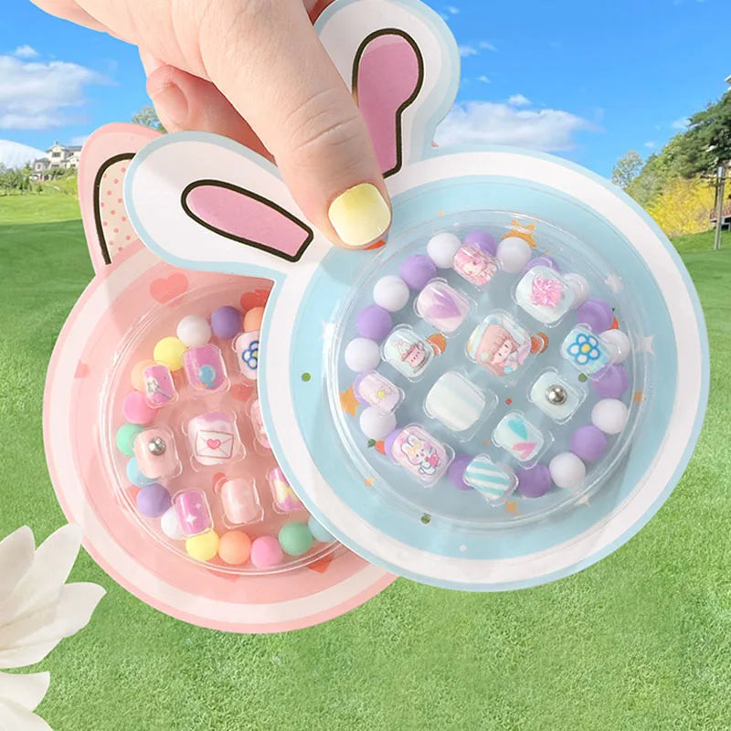 New 12Pcs/Box Sticky Fake Nail Pieces Child Cute Self-adhesive False Nail Wearable On Nail With Bracelet Set Cartoon Shiny Pink Girl