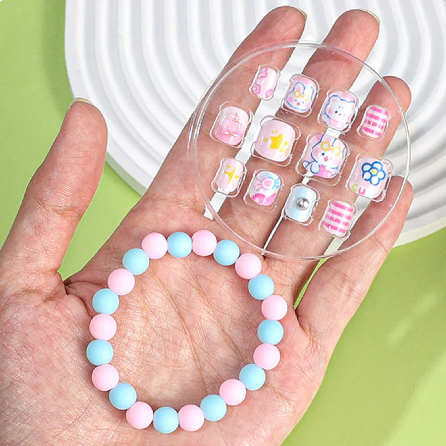New 12Pcs/Box Sticky Fake Nail Pieces Child Cute Self-adhesive False Nail Wearable On Nail With Bracelet Set Cartoon Shiny Pink Girl