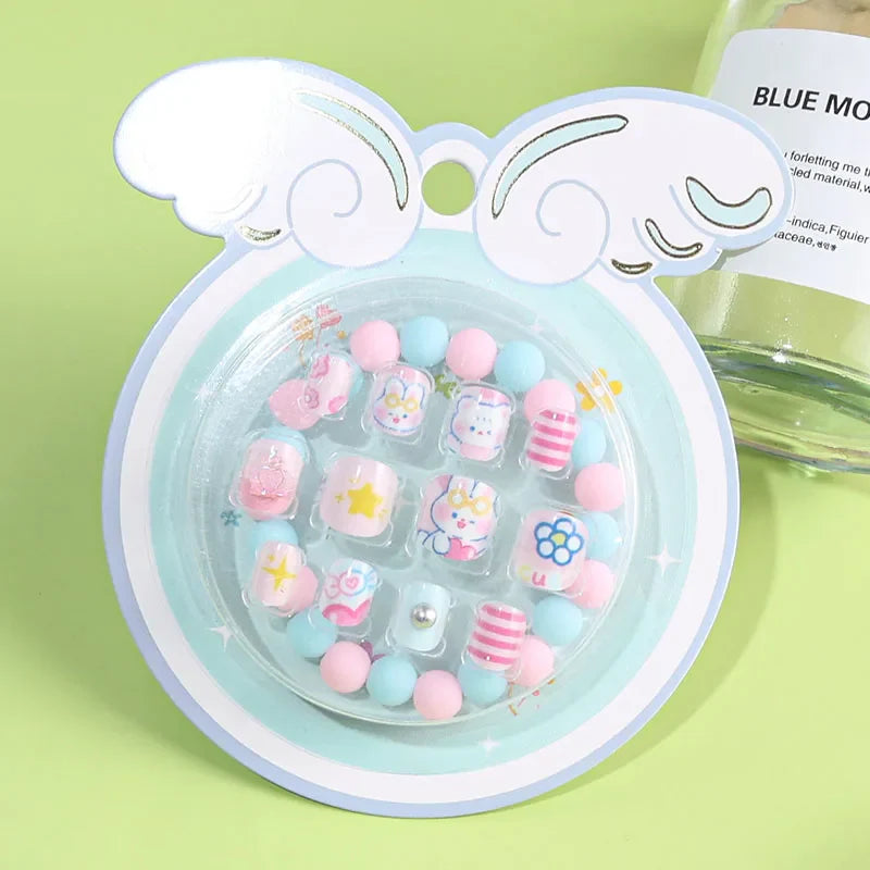 New 12Pcs/Box Sticky Fake Nail Pieces Child Cute Self-adhesive False Nail Wearable On Nail With Bracelet Set Cartoon Shiny Pink Girl