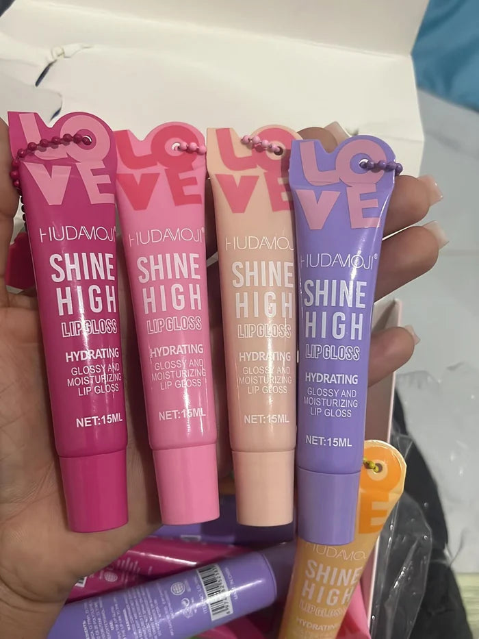 HUDAMOJI "Love" Shine High Lip Gloss Set – Hydrating & High-Shine Fruity Gloss with Keychain Charms LG-164C