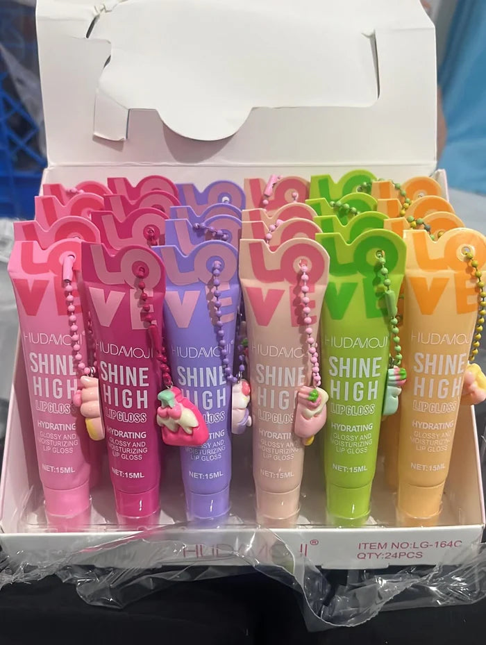 HUDAMOJI "Love" Shine High Lip Gloss Set – Hydrating & High-Shine Fruity Gloss with Keychain Charms LG-164C