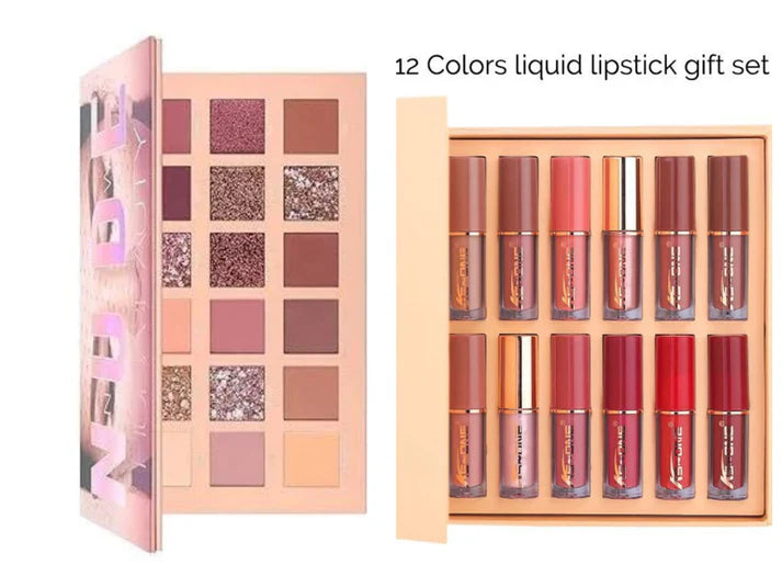 Miss Beauty Shimmer & Shine 2 In 1 Nude Deal 12 Pcs Matte Lipgloss Set + Nude Palette 18 Colors