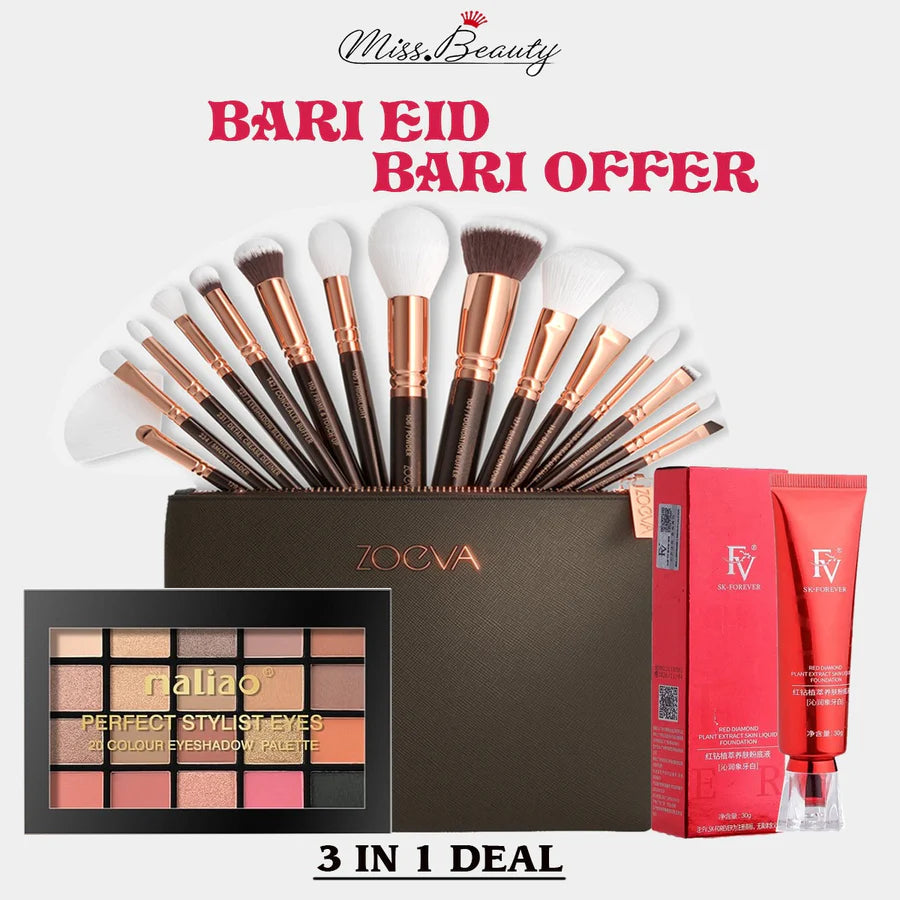 FV Liquid Foundation + Maliao 20 Color Eyeshadow Palette + Zoeva 15Pcs Brush Set Deal
