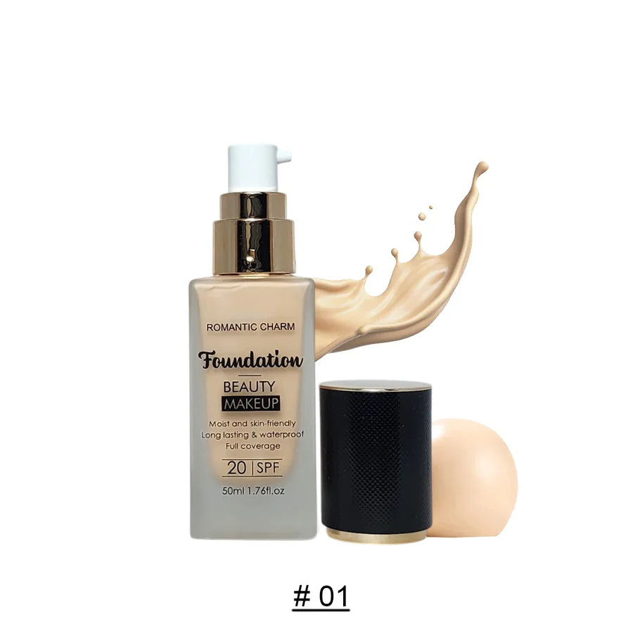 Romantic Charm Full Coverage Liquid Foundation – Long Lasting & Waterproof SPF 20 (50ml)