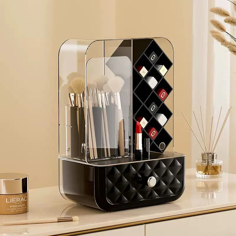 Luxe 3-in-1 Acrylic Cosmetic & Lipstick Organizer with Quilted Dust-Proof Drawer