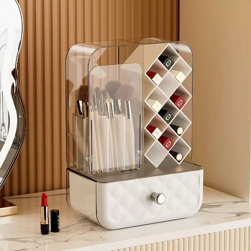 Luxe 3-in-1 Acrylic Cosmetic & Lipstick Organizer with Quilted Dust-Proof Drawer