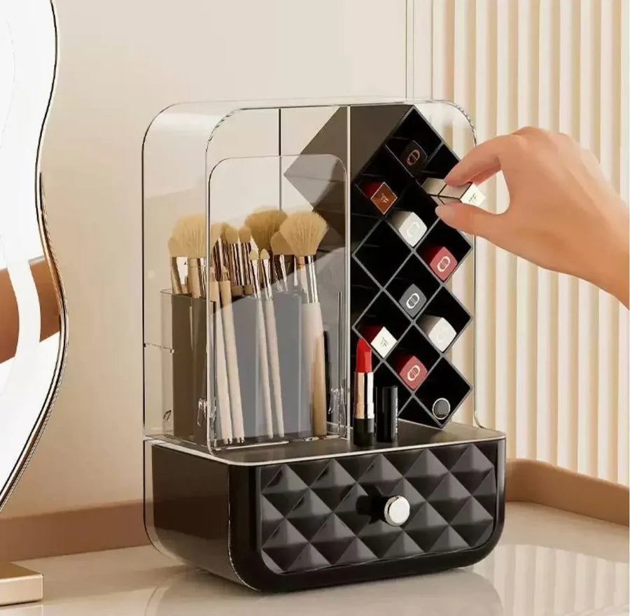 Luxe 3-in-1 Acrylic Cosmetic & Lipstick Organizer with Quilted Dust-Proof Drawer