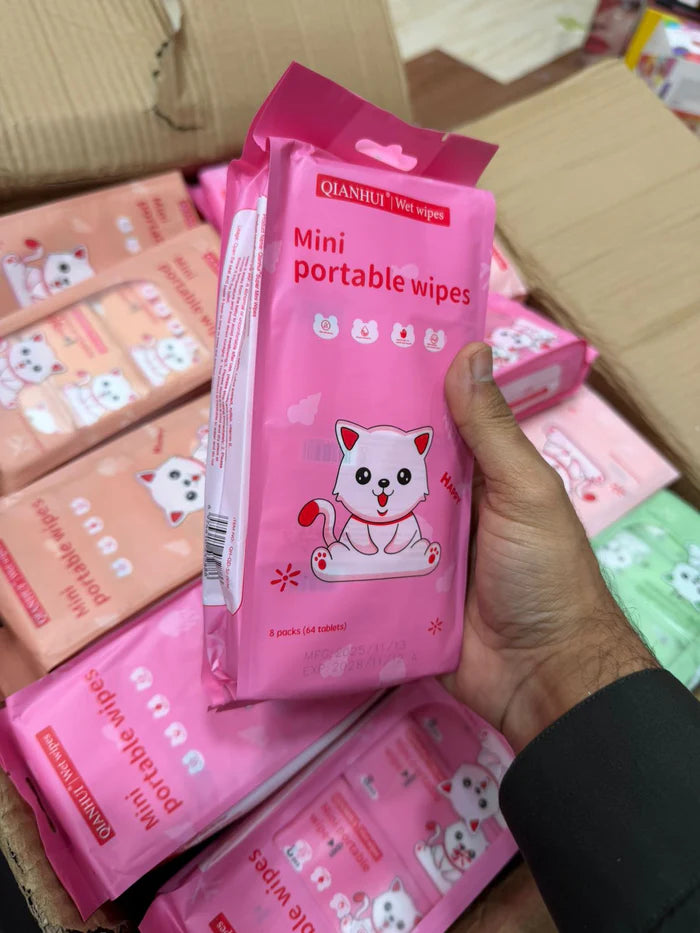 QIANHUI Cute Cartoon Mini Portable Wet Wipes – 1*8pcs(64sheets) Pack Value Set