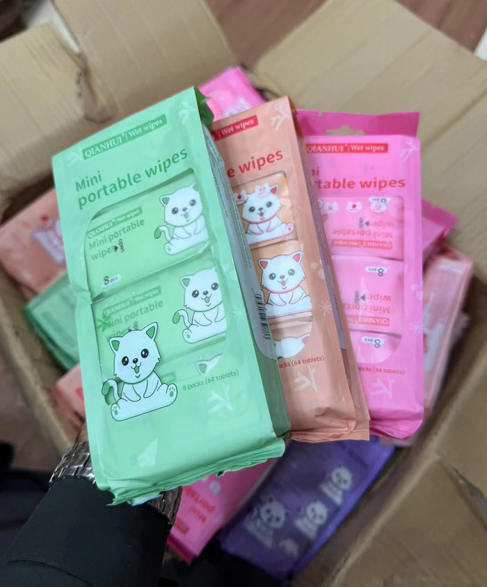 QIANHUI Cute Cartoon Mini Portable Wet Wipes – 1*8pcs(64sheets) Pack Value Set