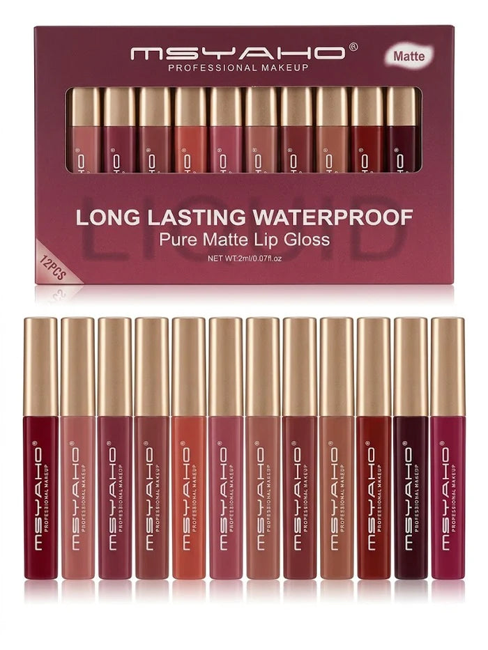 MSYAHO Long‑Lasting Pure Matte Lip Gloss – Pack of 12 Shades