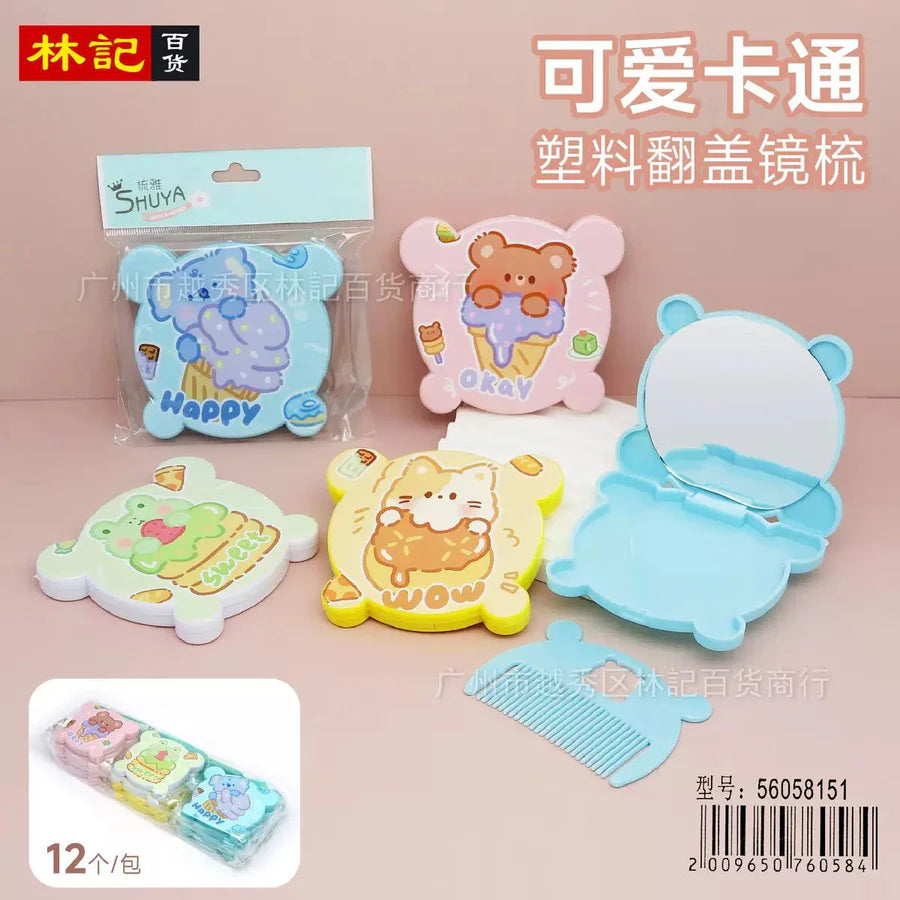 Cute Kawaii Pastel Bear 2-in-1 Folding Mirror & Comb Compact