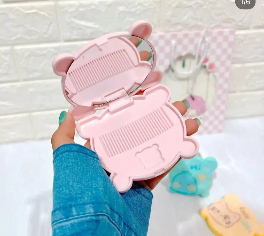 Cute Kawaii Pastel Bear 2-in-1 Folding Mirror & Comb Compact