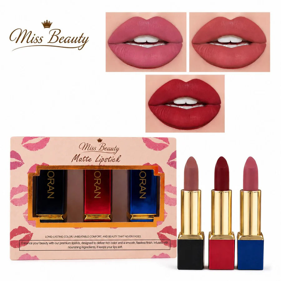 Miss Beauty Matte Lipstick Pack of 3 – Long‑Lasting, Bold Color