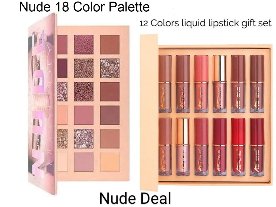 Miss Beauty Shimmer & Shine 2 In 1 Nude Deal 12 Pcs Matte Lipgloss Set + Nude Palette 18 Colors