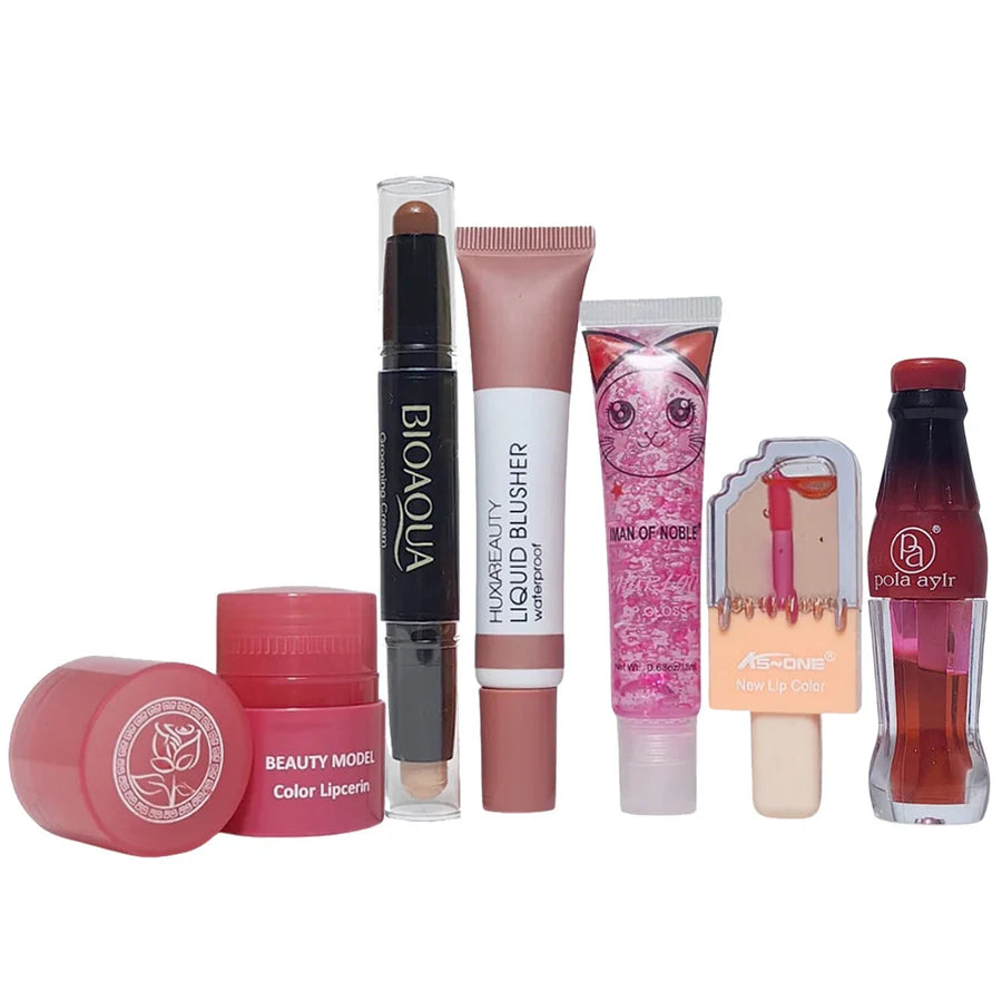 Miss Beauty 6 in 1 Deals Keychain Style lip gloss & Water Light lip gloss & Stick Concealer & Liquid Blusher & Pop lip gloss