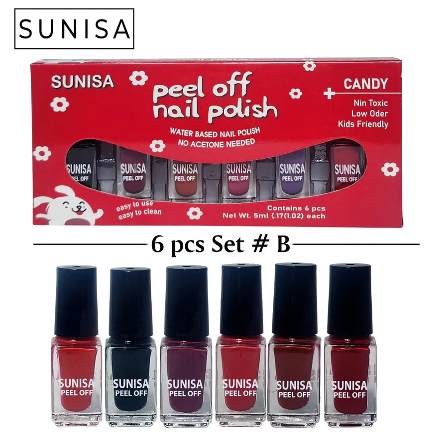SUNISA Peel Off Nail Polish Set – 6 pcs Set | Water-Based, Non-Toxic, Kid-Friendly Gift Box