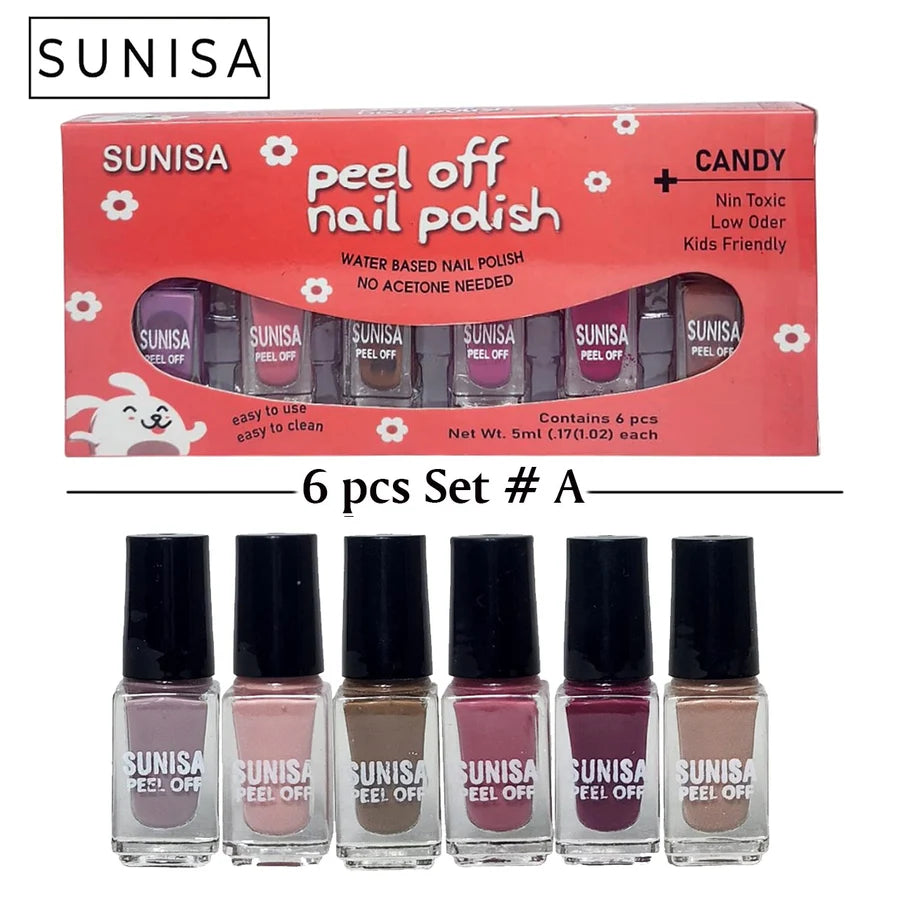 SUNISA Peel Off Nail Polish Set – 6 pcs Set | Water-Based, Non-Toxic, Kid-Friendly Gift Box