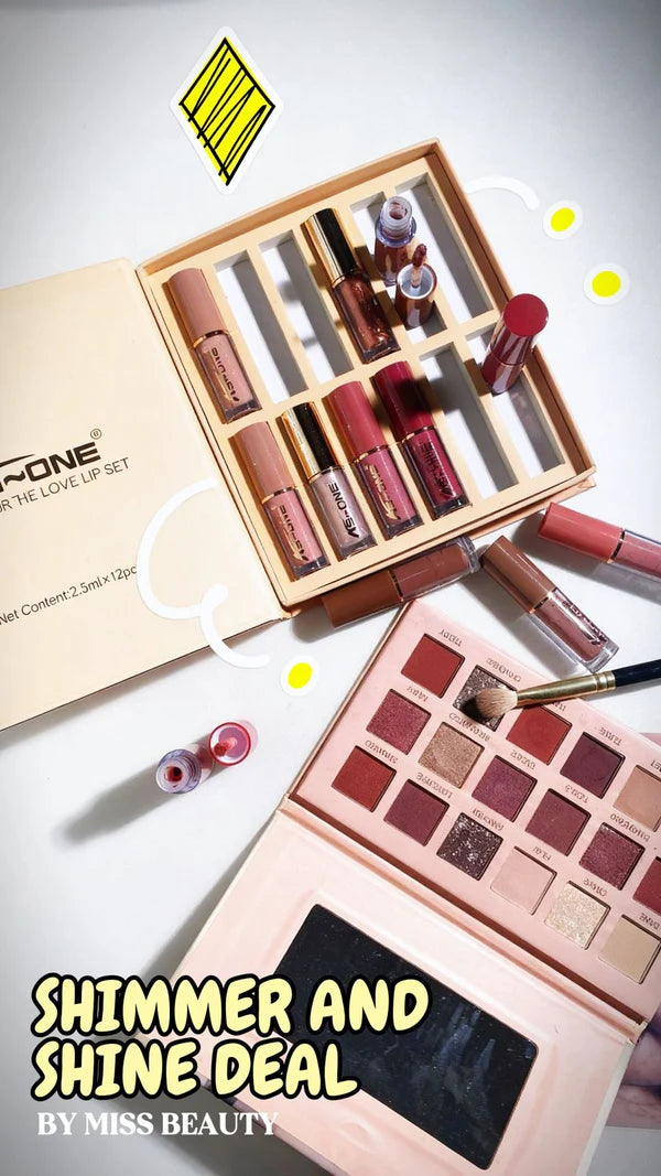 Miss Beauty Shimmer & Shine 2 In 1 Nude Deal 12 Pcs Matte Lipgloss Set + Nude Palette 18 Colors