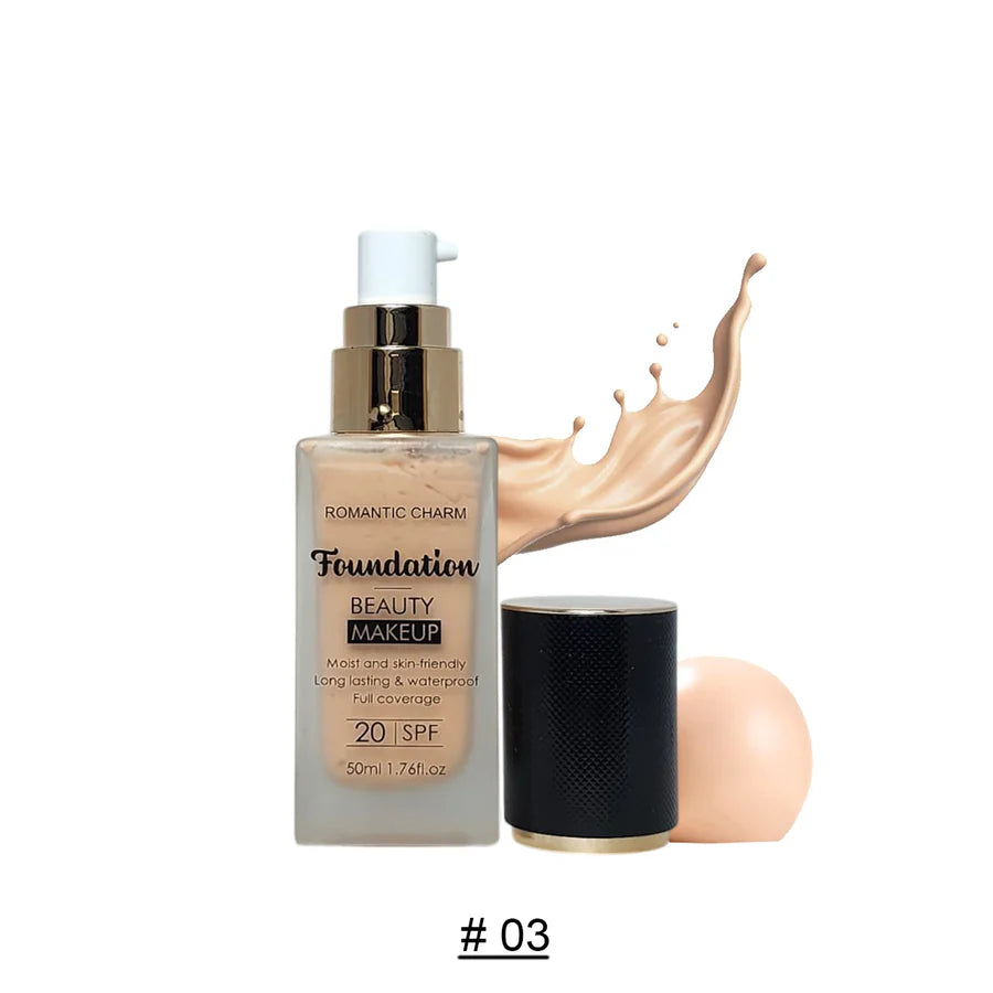 Romantic Charm Full Coverage Liquid Foundation – Long Lasting & Waterproof SPF 20 (50ml)