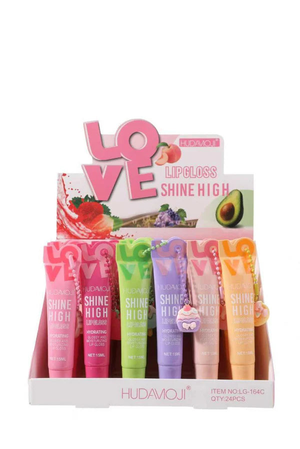 HUDAMOJI "Love" Shine High Lip Gloss Set – Hydrating & High-Shine Fruity Gloss with Keychain Charms LG-164C