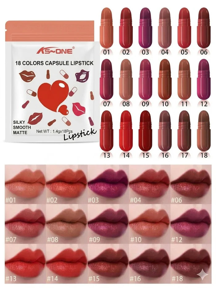 LMG BROTHS 18-Color Capsule Lipstick Set – Silky Smooth Matte Finish Mini Lipstick Pods (Travel Size & Portable)