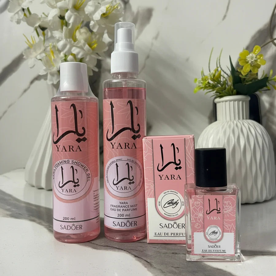Yara Pack of 04 Luxury Body Care & Fragrance Set – Shower Gel, Perfume, Body Scrub & Mist