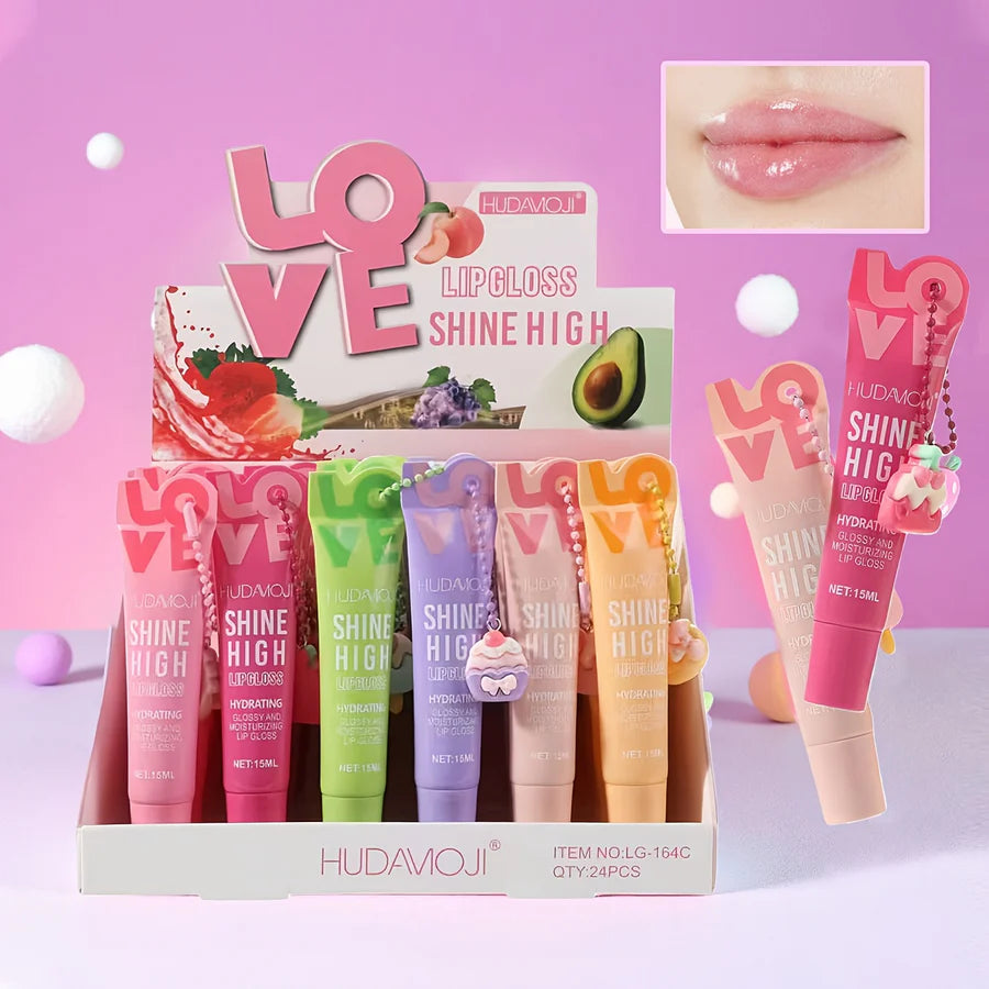 HUDAMOJI "Love" Shine High Lip Gloss Set – Hydrating & High-Shine Fruity Gloss with Keychain Charms LG-164C