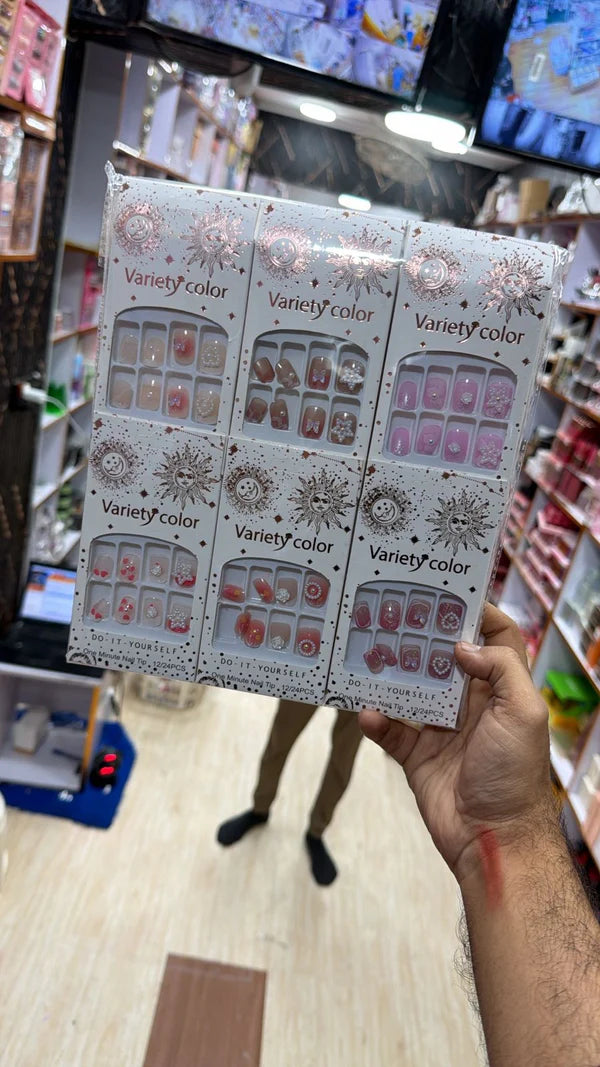 Celestial Aura Press-On Nail Kit – Variety Color 3D Rhinestone & Heart Design 1box*12pcs