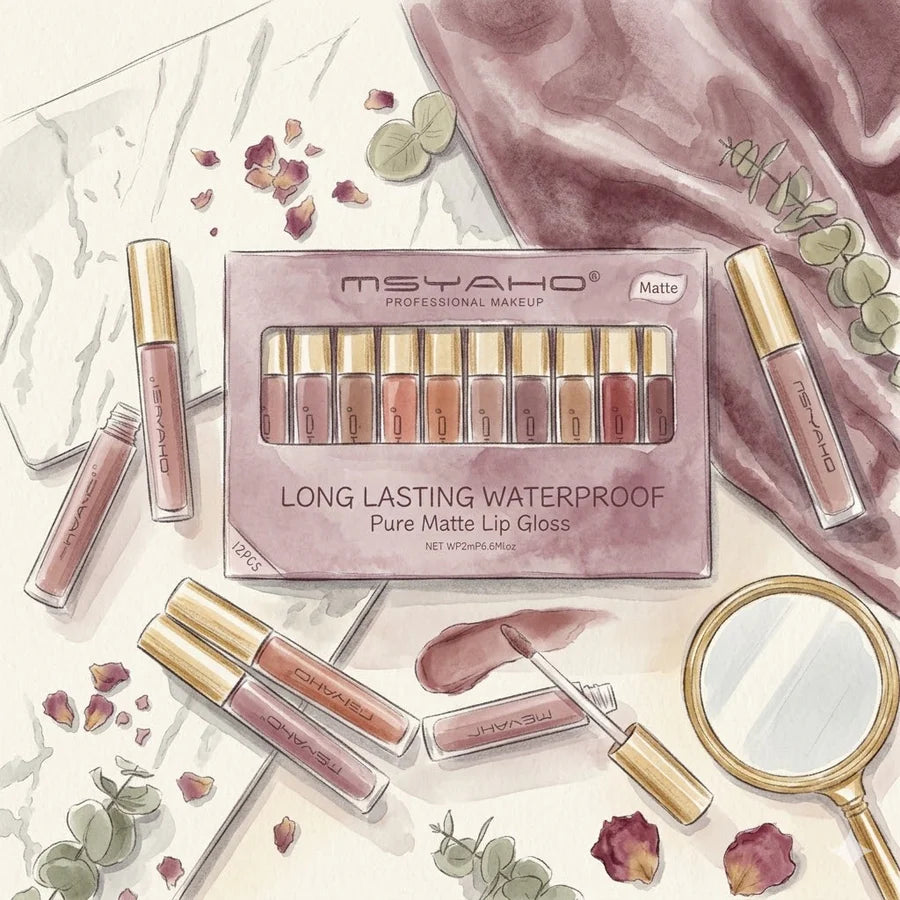 MSYAHO Long‑Lasting Pure Matte Lip Gloss – Pack of 12 Shades