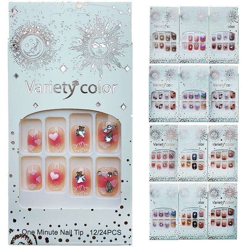 Celestial Aura Press-On Nail Kit – Variety Color 3D Rhinestone & Heart Design 1box*12pcs